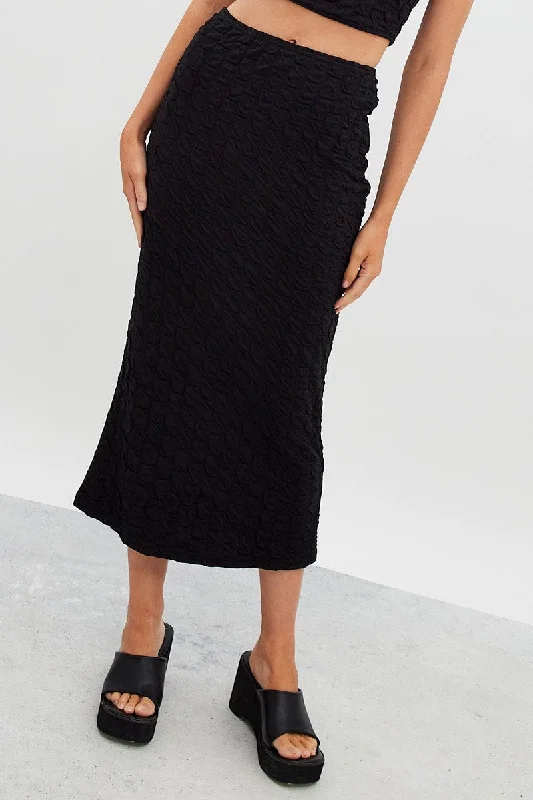 Women's Athleisure Apparel Black Maxi Skirt High Rise Bodycon Textured Jersey