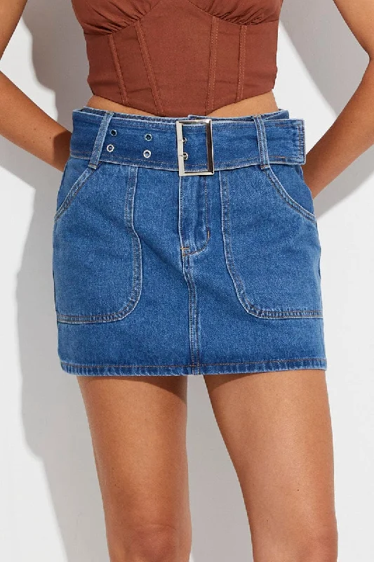 Luxury Women's Clothes Blue Mini Skirt Low Rise Belted Denim