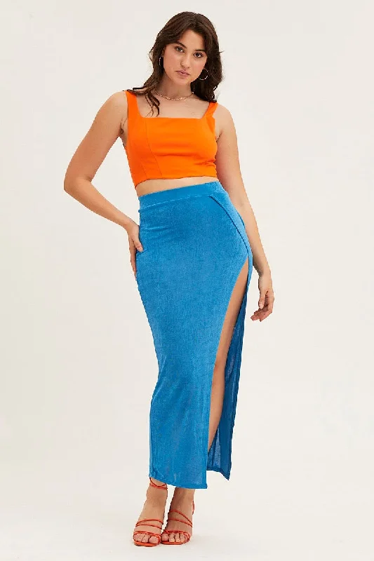 Shop Ladies Clothes Blue Jersey Elastic Waist Front Split Midi Skirt