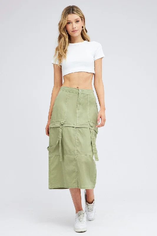 Comfortable Women's Apparel Green Cargo Skirt High Rise Elastic Two-way Midi Mini