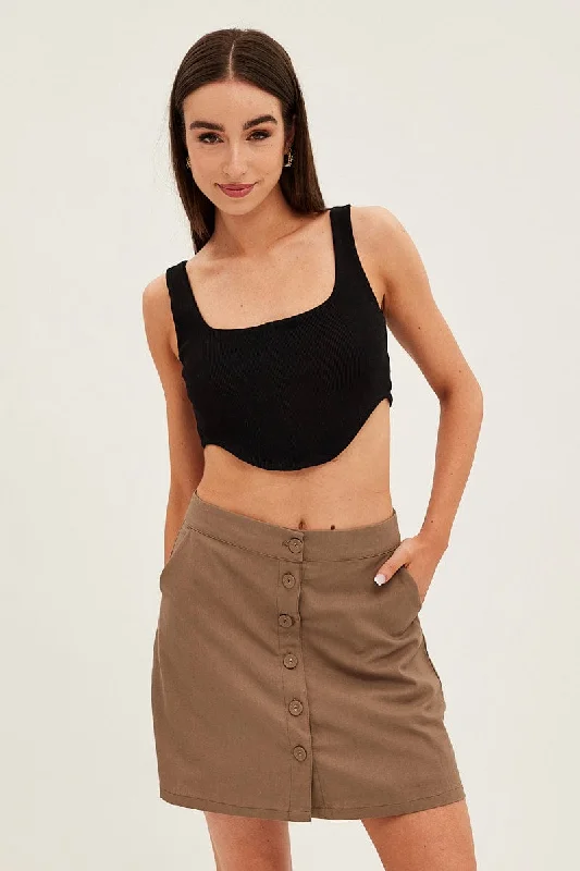 Women's Transitional Outfit Brown Linen Blend Button Front Mini Skirt