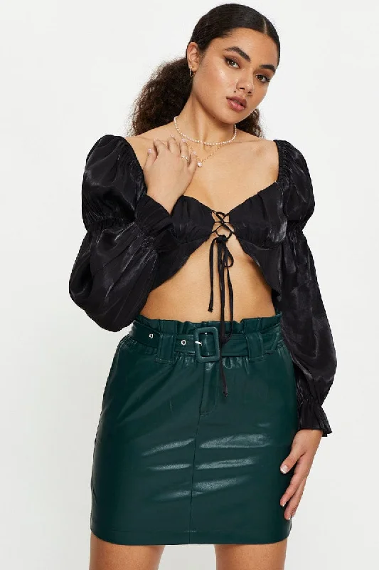 Women's Comfy Attire For Lounging Green Faux Leather Belted Skirt