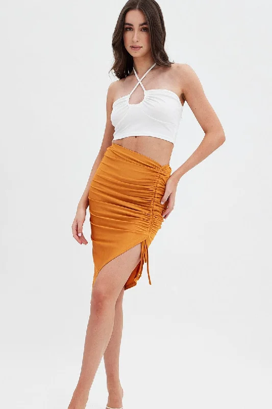 Comfortable Lounge Clothing Beige Ruched Midi Skirt