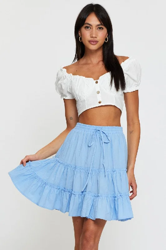 Comfortable Women's Outfits Blue Elastic Waist Frill Hem Skater Skirt