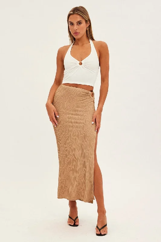 Women Fashion Beige Keyhole Midi Skirt