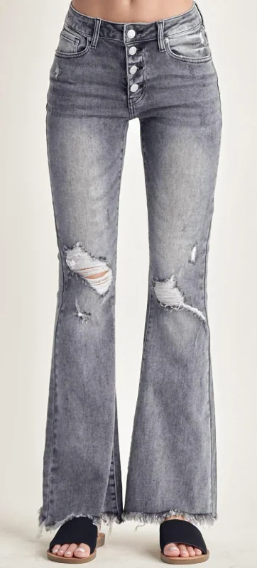 Online Boutiques Affordable Mid Rise Button Flare Jeans In Grey