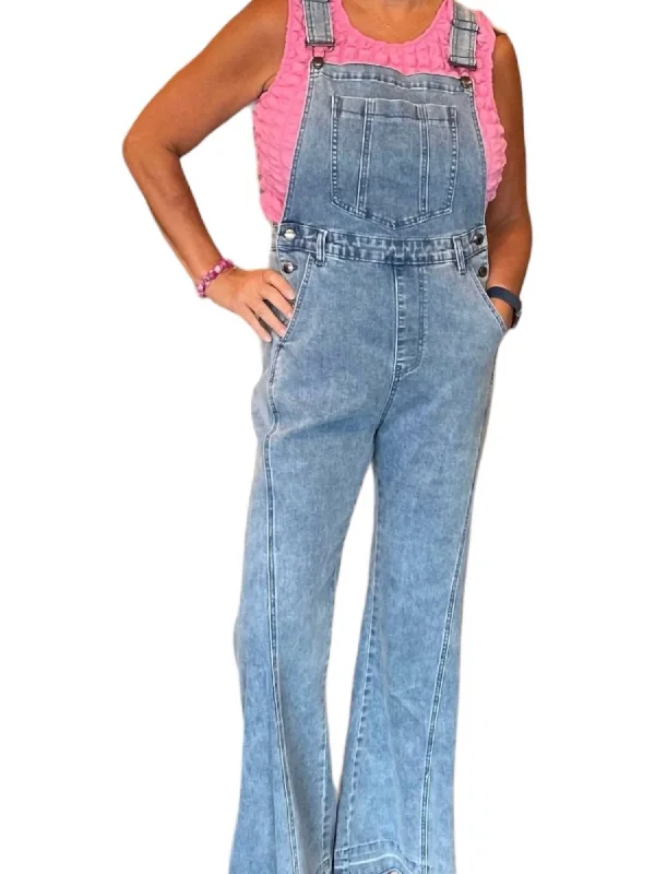 Women Wear Boutique Denim Bell Bottom Overalls In Light Denim