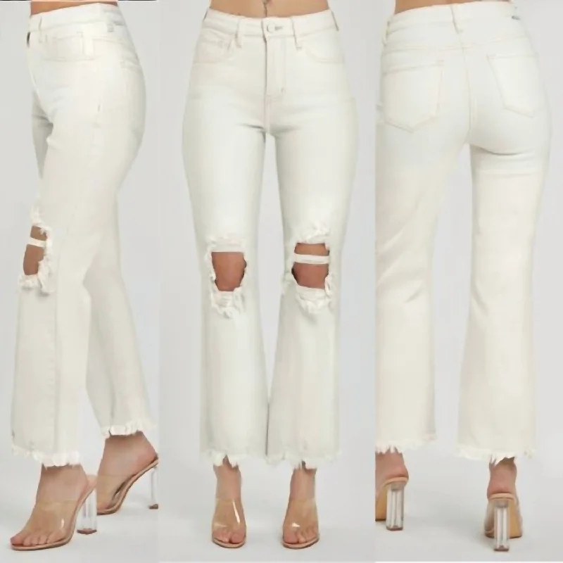 Women's Vintage-Inspired Outfit Knee Distressed Straight Leg Hi-Rise Jeans In Cream