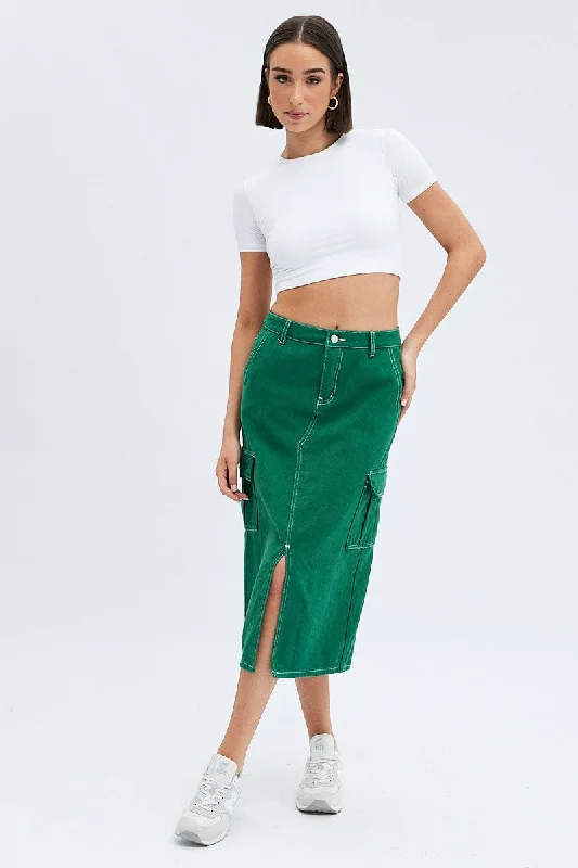 Women's Travel Apparel Green Midi Skirt Mid Rise A-line Cargo Contrast Stitch