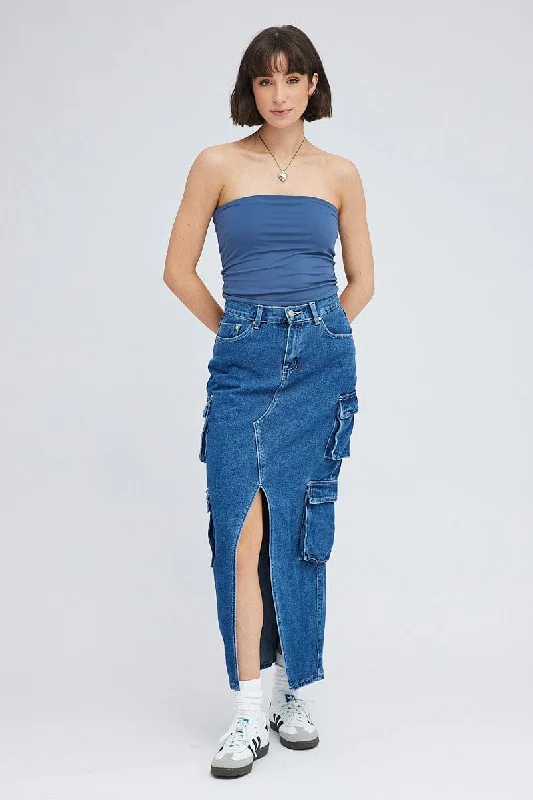 Women's Clothing Apparel Denim Cargo Skirt Mid Rise Maxi Utility Pocket Details