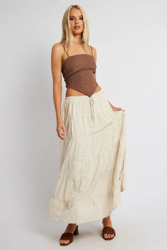 Women's Formal Wear Beige Maxi Skirt Tiered High Rise Linen Blend