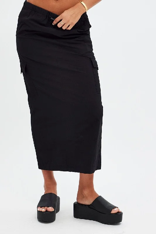 Women's Casual Apparel For Weekends Black Cargo Skirt Midi Cotton