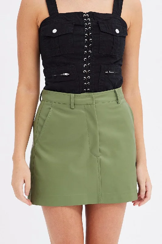 Women's Evening Clothes Green Mini Skirt High Rise Pocket Detail Faux Leather