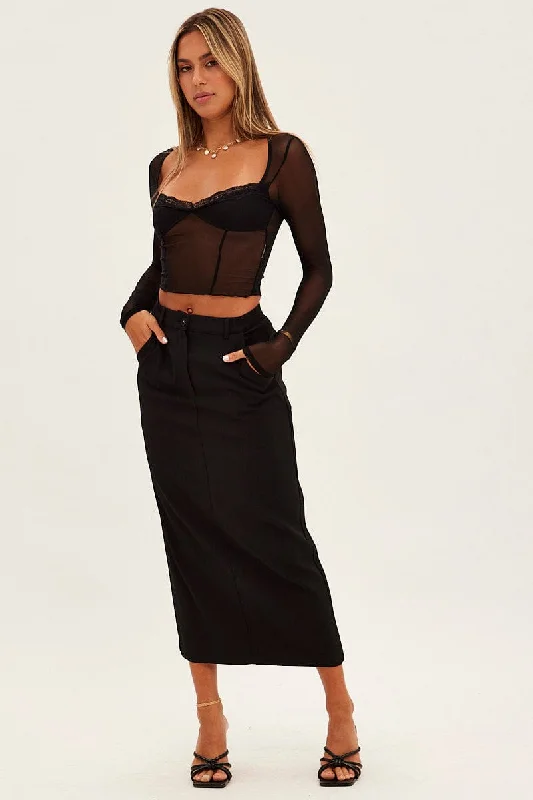 Women's Trendy Casual Clothes Black Maxi Skirt High Rise Pencil Back Slit