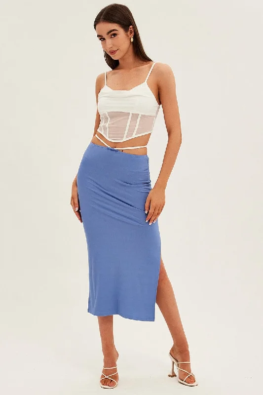 Women's Plus-Size Casual Outfit Blue Midi Skirt Bodycon Tie Contrast Ribbed