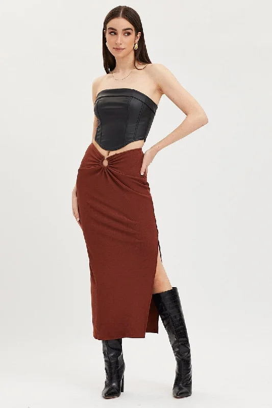 Women's Clothing Online Brown Maxi Skirt High Rise Ring Detial Rib Jersey