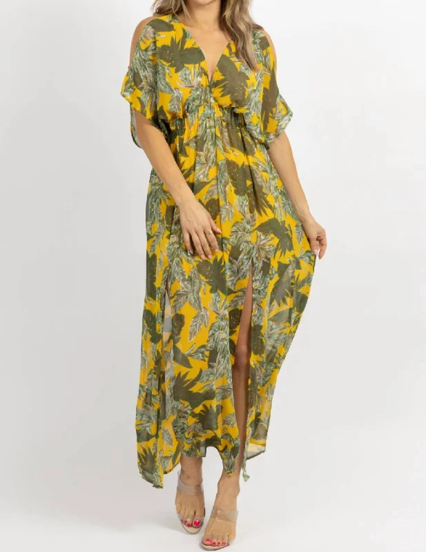 Vintage Clothing For Women Cold Shoulder Maxi Dress In Yellow  Palm