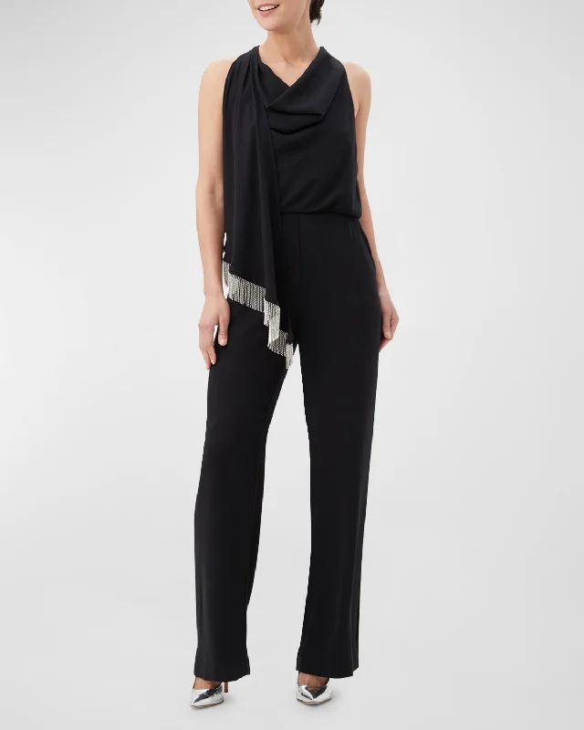 Unique Women's Fashion Pieces Momo Cowl-Neck Draped Fringe-Trim Jumpsuit