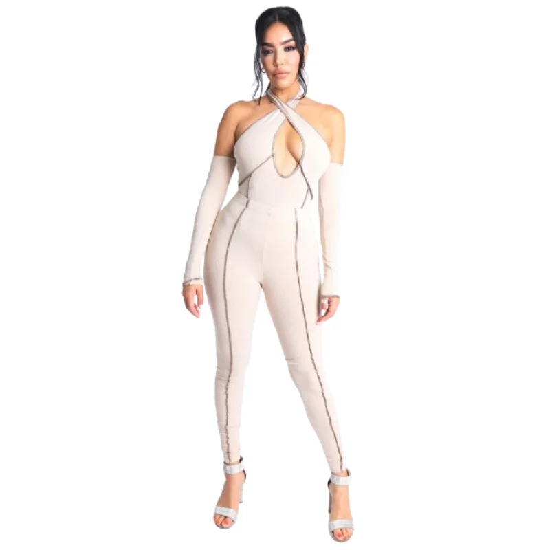 Comfortable Lounge Clothing Overlock Detailed Cross Halter Keyhole Neck Off Shoulder Set