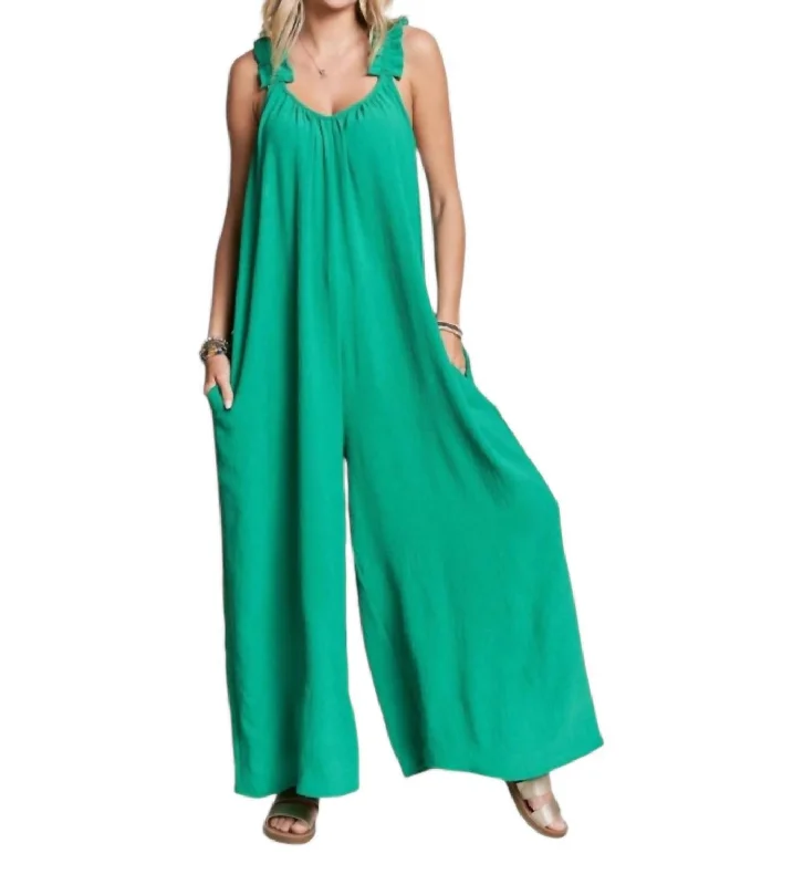 Women's Casual Apparel For Weekends Elastic Ruffle Shoulder Jumpsuit In Kelly Green