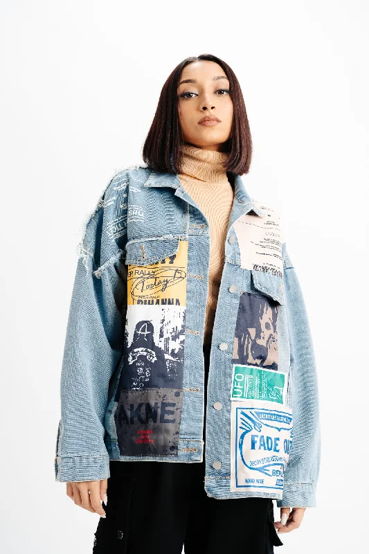 Discount Price Patch Printed Blue Denim Jacket