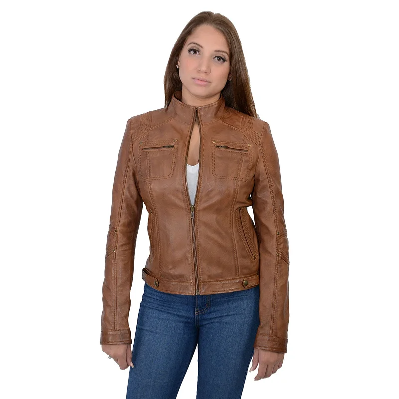 Women's Effortless Casual Outfit Milwaukee Leather SFL2800 Women's Racer Whiskey Stand Up Collar Motorcycle Fashion Leather Jacket