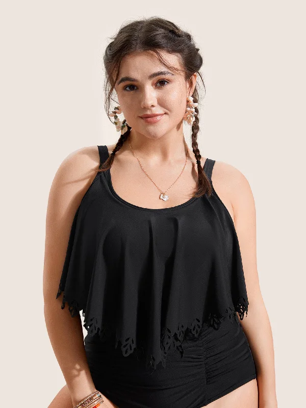 Best Online Boutiques Solid Ruffle Trim Laser Cut Swim Top