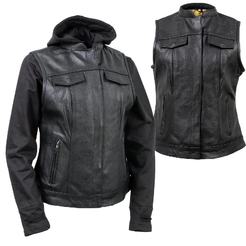 Elegant Women's Clothing Xelement Gold XS24007 Women's 'Tara' Black Leather Motorcycle Rider 2 in 1 Hoodie Jacket with Convertible Vest