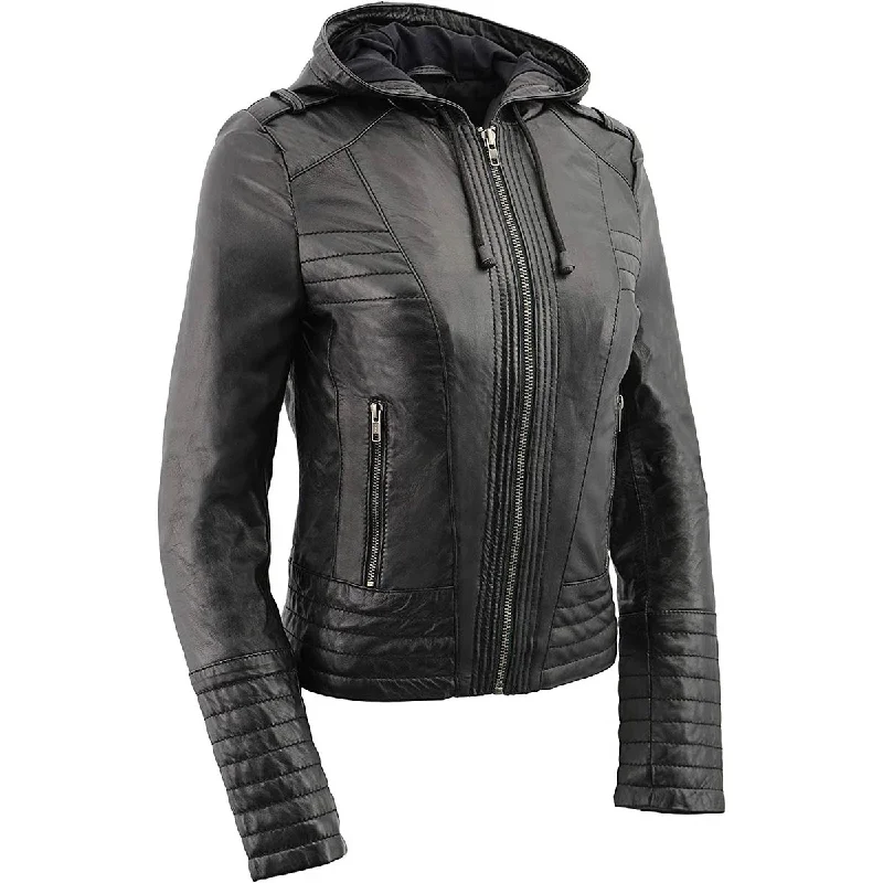 Women's Seasonal Attire M-Boss Apparel BOS3554 Women's Black Premium Leather Fashion Biker Style Jacket w/ Hoodie