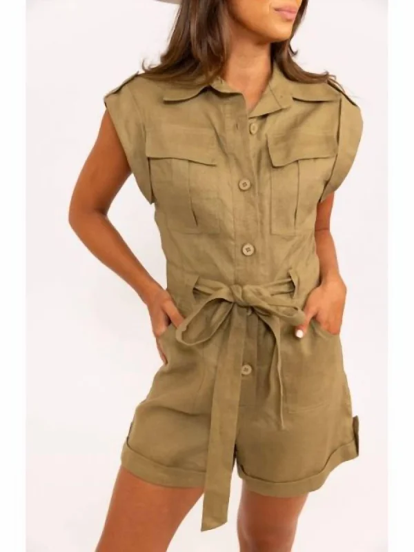 Women's Transitional Garments Solid Pocket Tie Romper In Olive