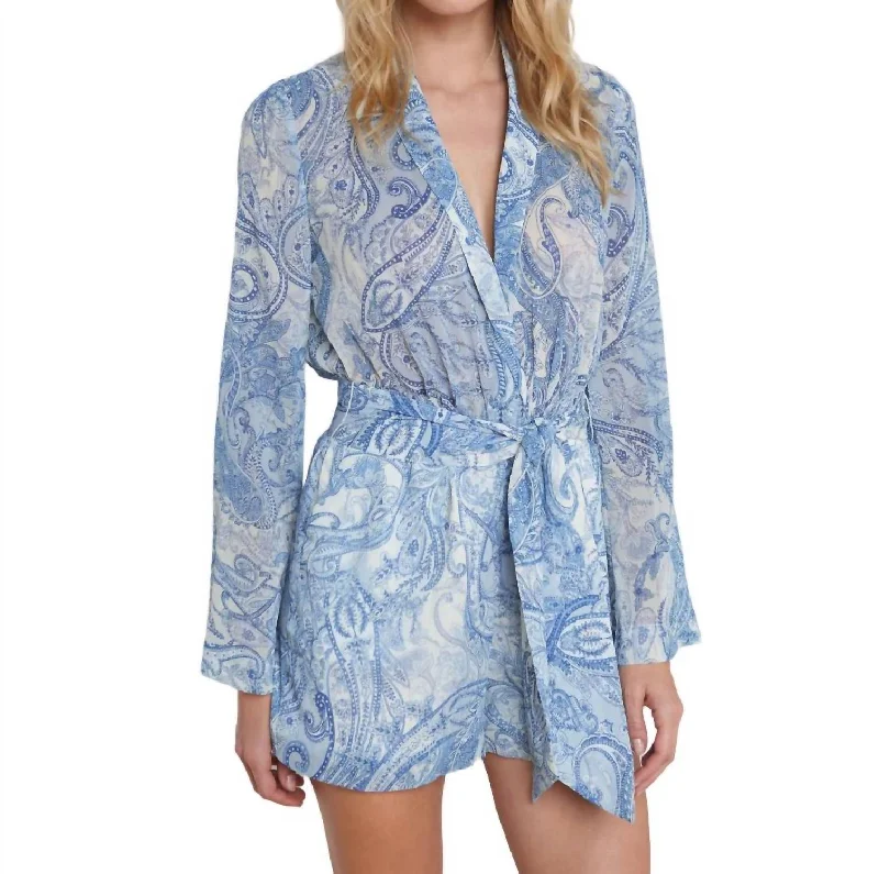 Comfortable Casual Wear Arabell Romper In Ivory/blue Decorated Paisley