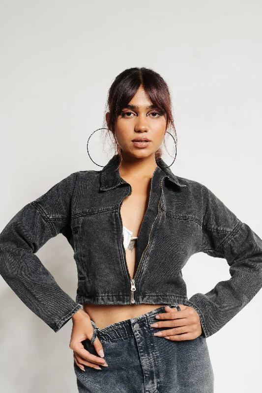 High-Fashion Women's Clothing Charcoal Washed Denim Jacket