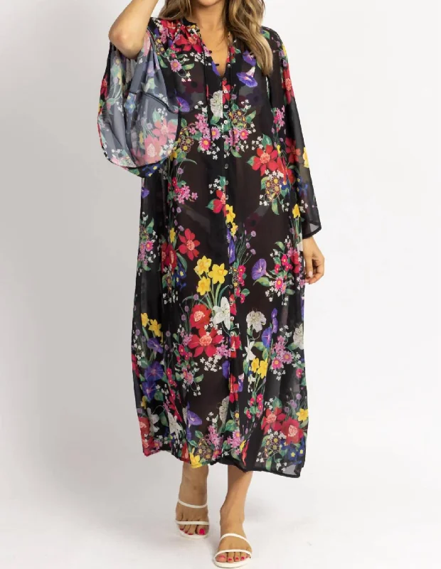 Women's Evening Clothing Multifloral Tie Neck Coverup Maxi In Black