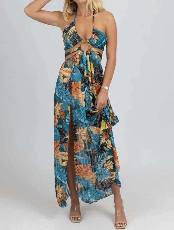 Charming Everyday Clothing For Women Tropical High Slit Maxi Cover Up In Teal