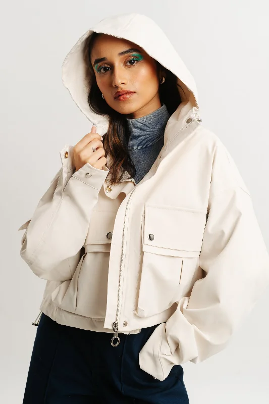 Women's Night-Out Outfit White Hood Cargo Pocket Jacket