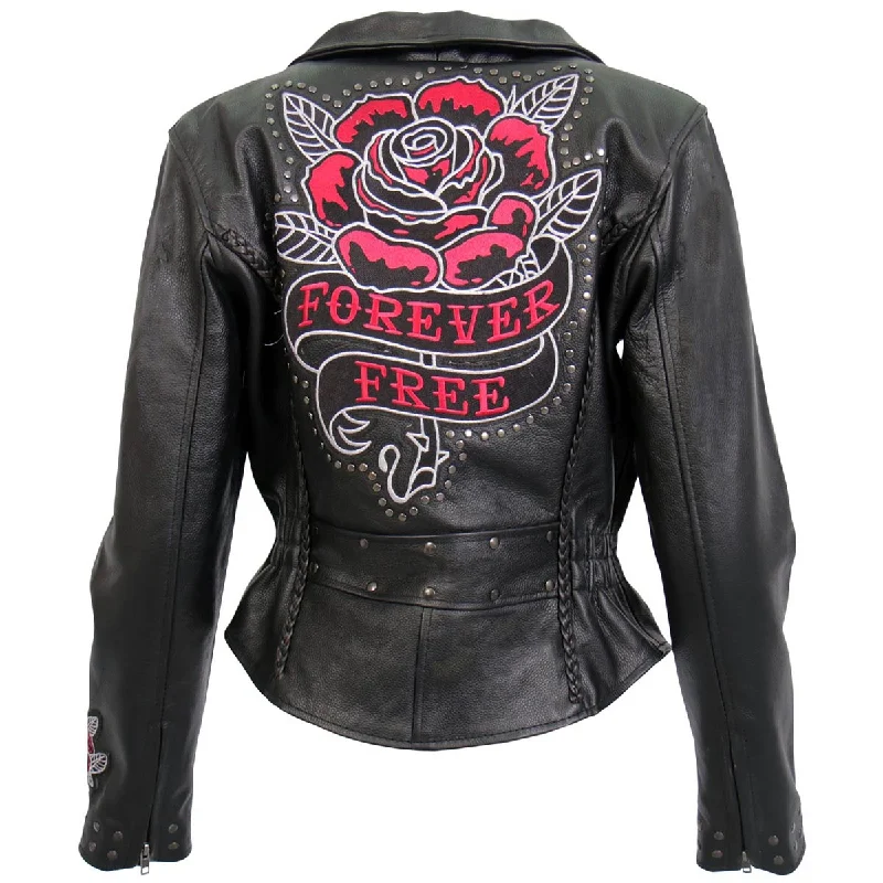 Fashion-forward Women's Clothing Hot Leathers JKL2001 Women's Black 'Embroidered Bling Rose Design' Braided Motorcycle Leather Jacket