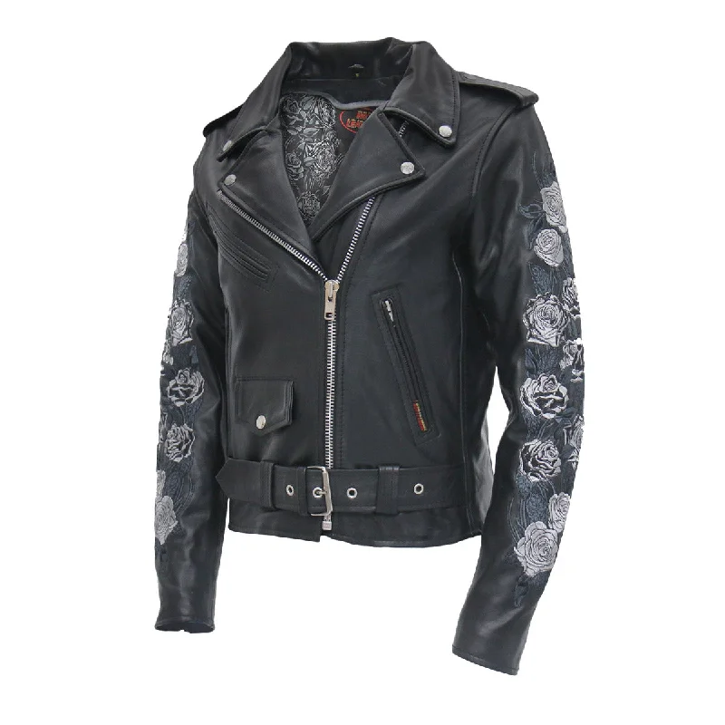 Women's Casual Dresses Hot Leathers JKL2002 Women's Black 'Rose Embroidered' Motorcycle Style Leather Jacket