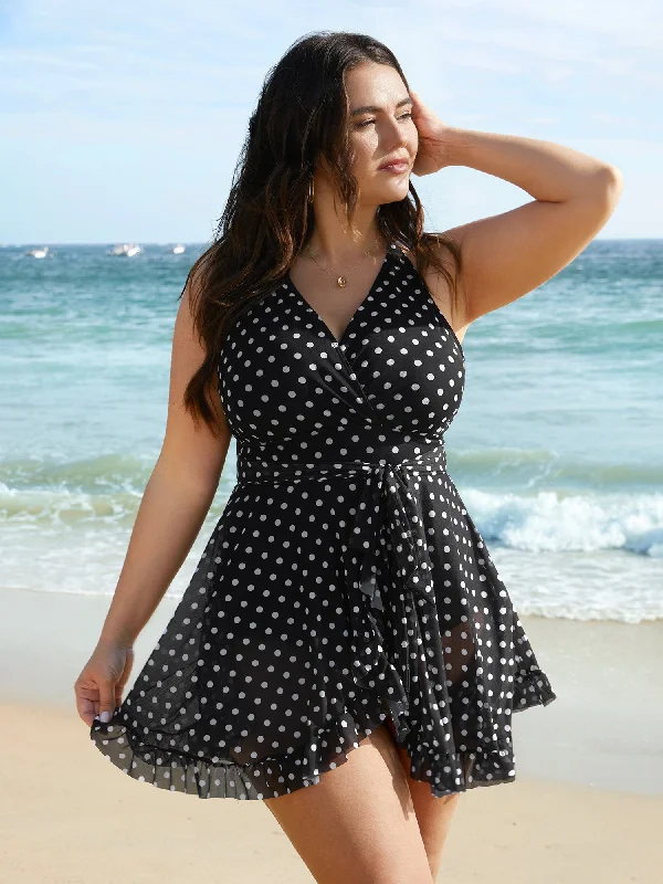 Women's Travel Outfit Set Polka Dot Ruffled Hem Belted Swim Dress