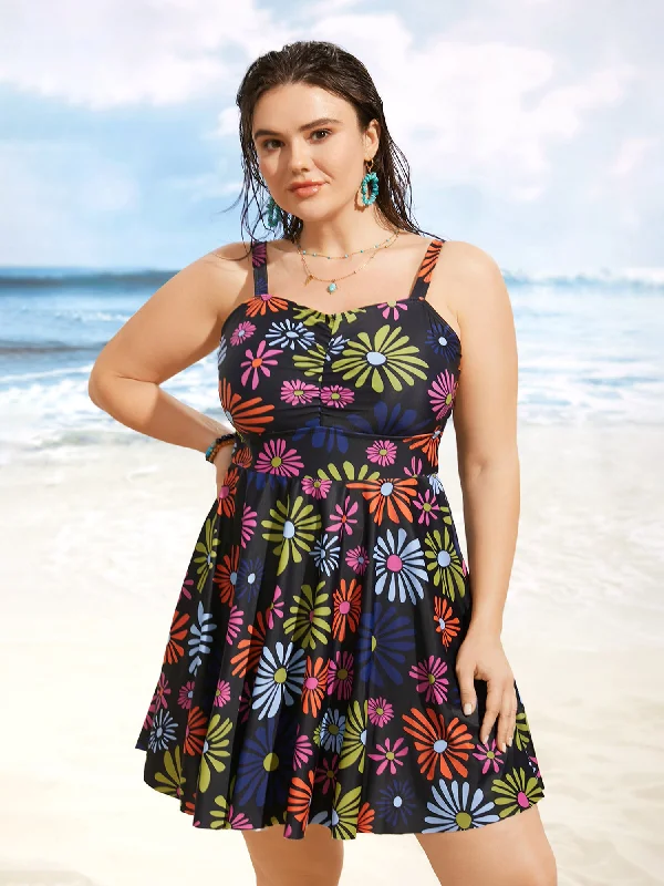 Women's Travel Apparel Floral Heart Neckline Ruched Swim Dress