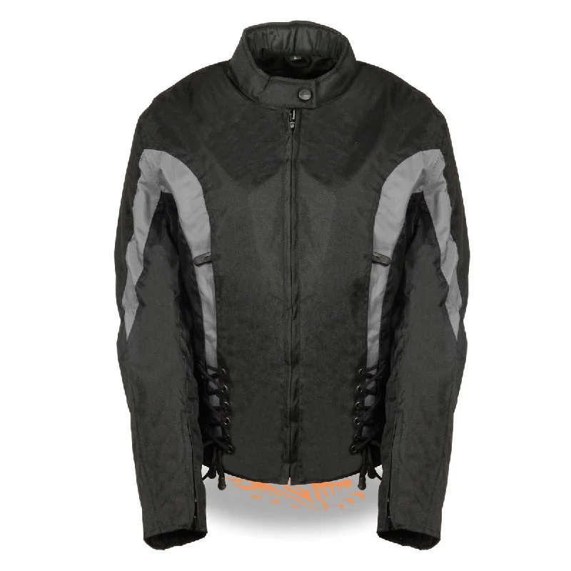 Unique Women's Fashion Pieces Bikers Edge SH2188 Women's Black and Grey Textile Jacket with Side Stretch