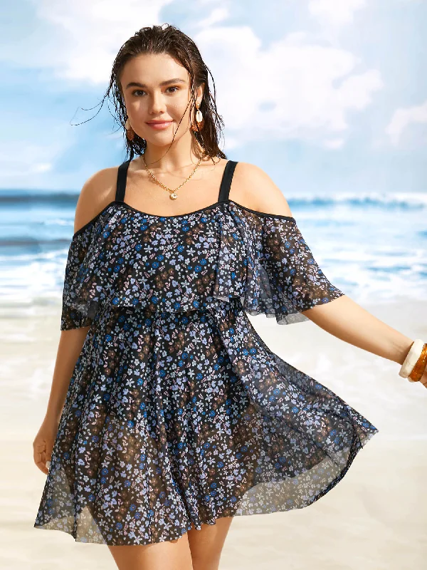 Women's Outfit One Shoulder  Ditsy Floral Ruffles Swim Dress