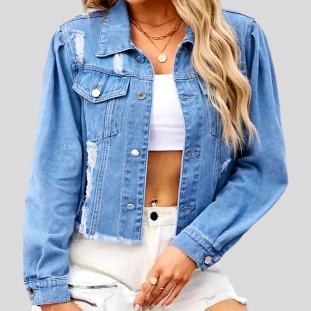 Women's Vacation Clothes Light-wash distressed denim jacket