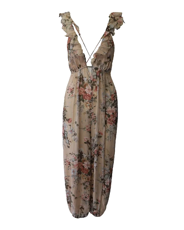 Holiday Gift Guide Sale Zimmermann Aerial Flounce Full-Length Harem Jumpsuit in Floral Print Silk