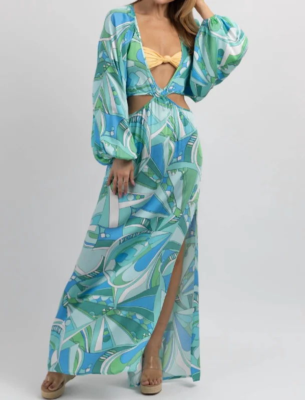 Comfortable Casual Women's Clothing Positano Print Cutout Coverup In Blue