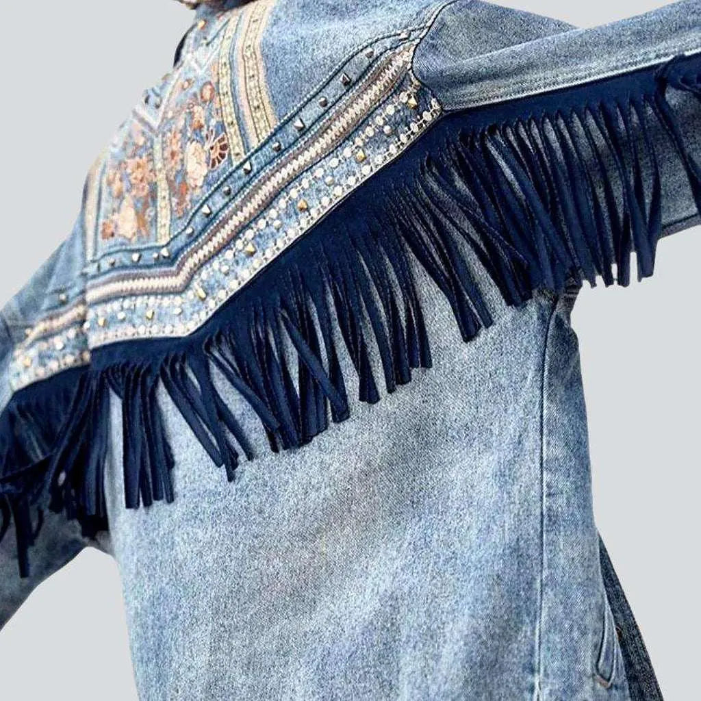 Trendy Boutique Online Embroidered fringe denim jacket for ladies