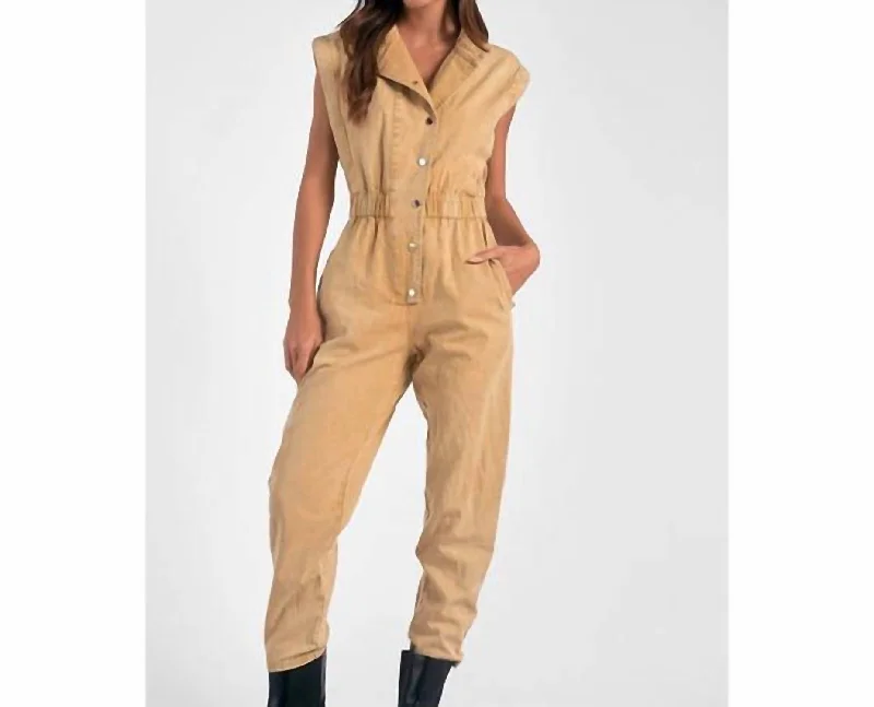 Comfortable Garments For Women Wash Jean Jumpsuit In Beige