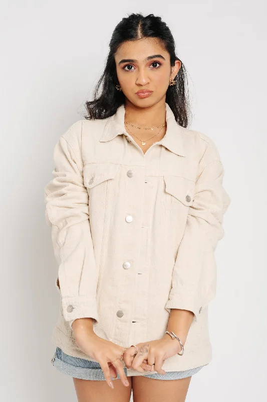 Elegant Women's Attire Beige Flag Denim Jacket