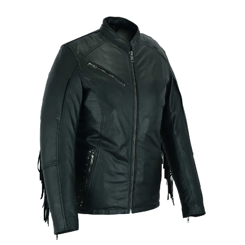 Women's Luxury Attire HML704B High Mileage Ladies Black Fringe and Rivet Leather Jacket