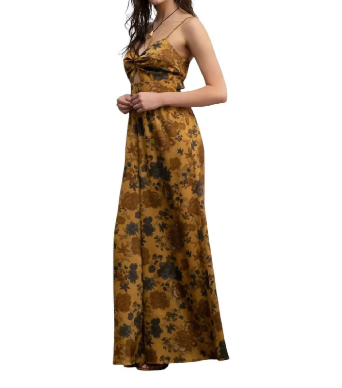 Women's Comfy Attire For Lounging Satin Floral Sleeveless Jumpsuit In Gold