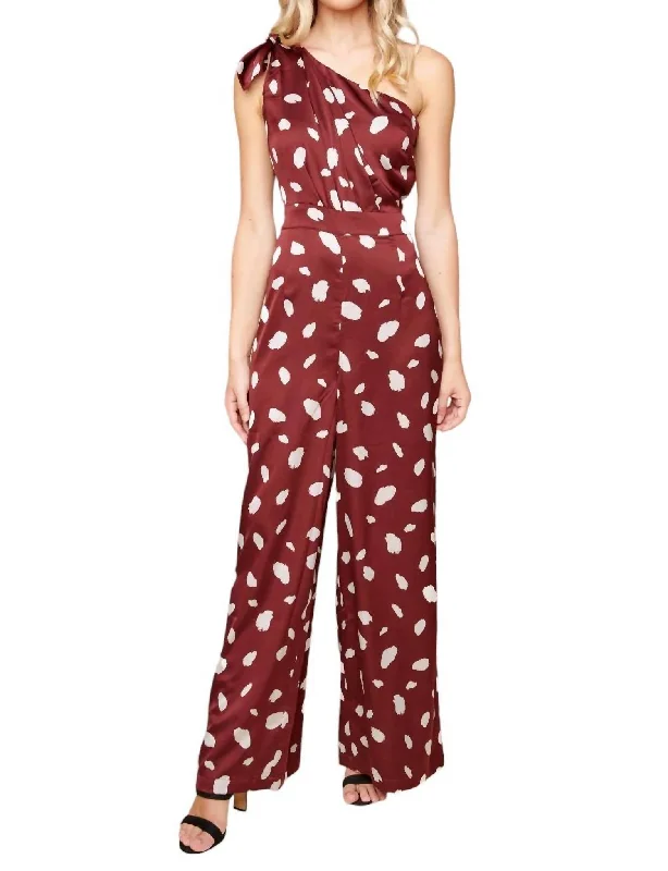 Women's Attire Sabine Abstract Dot Satin One Shoulder Jumpsuit In Burgundy-White